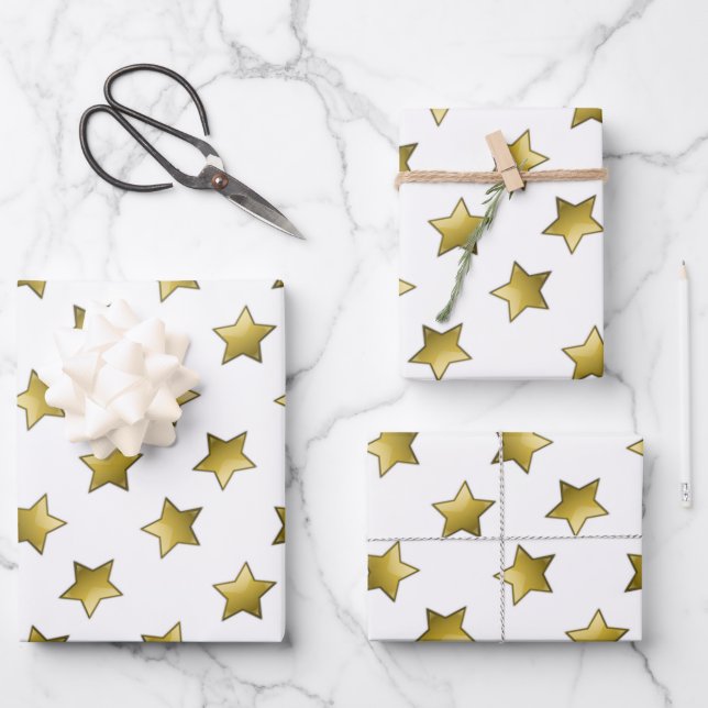 Feuille De Papier Cadeau Élégant or étoiles motif blanc (Recto)