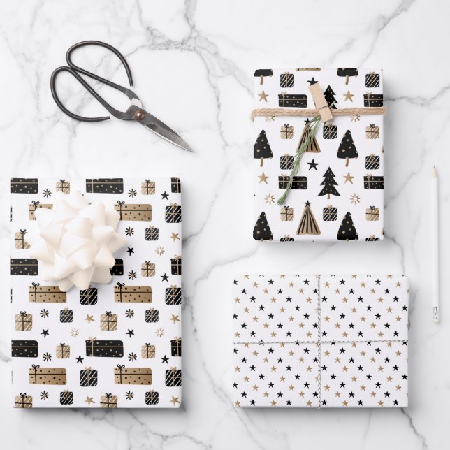 Feuille De Papier Cadeau Élégant Or, Noir Et Blanc Noël Moderne (Recto)
