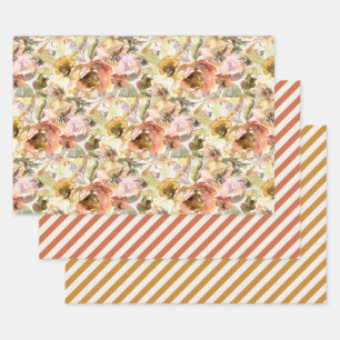 Feuille De Papier Cadeau Élégant orange brûlé jaune floral automne 