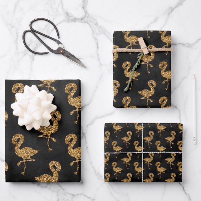 Feuille De Papier Cadeau Elégant Parties scintillant or Flamingo Pattern Sp (Recto)