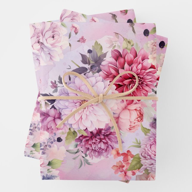 Feuille De Papier Cadeau Elégant Pastel Aquarelle Bouquets Floraux (En situation)