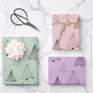 Feuille De Papier Cadeau Elégant Pastel Colors Main dessinée Arbres de Noël