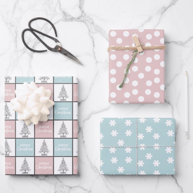 Feuille De Papier Cadeau Élégant Pastel rose et Motif de Noël bleu (Recto)