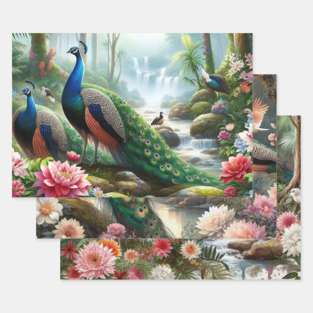 Feuille De Papier Cadeau Élégant Peacock Floral (Lot)