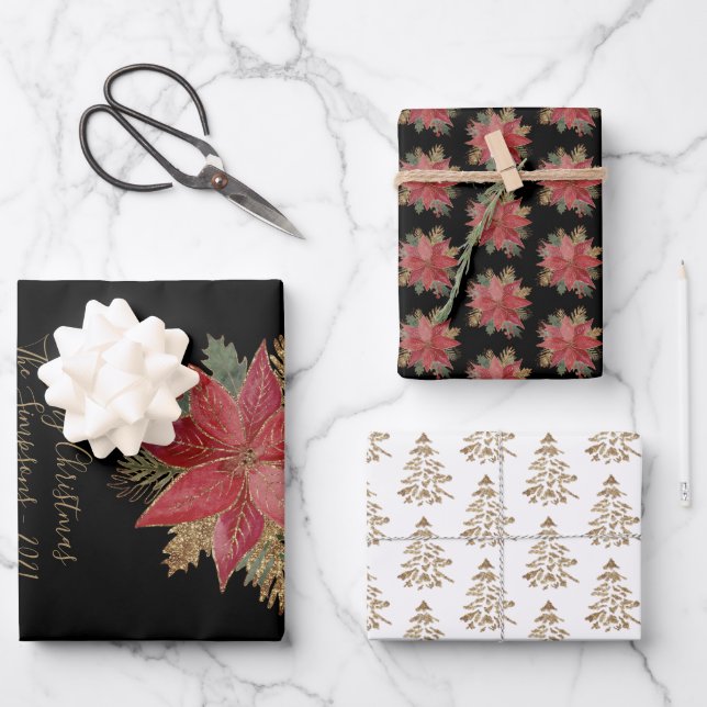 Feuille De Papier Cadeau Élégant Poinsettia Fleur Or Arbres de Noël (Recto)