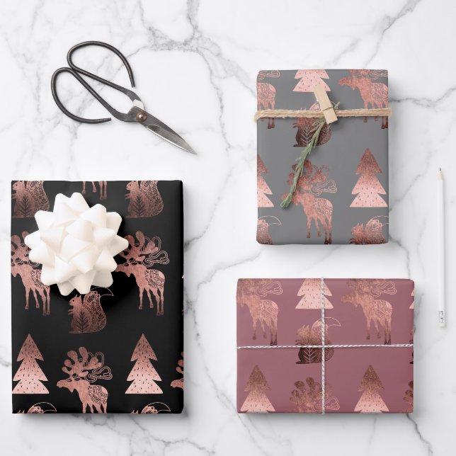 Feuille De Papier Cadeau Élégant rose en cuivre mignon or motif de Noël (Recto)