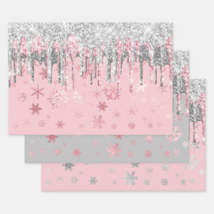Feuille De Papier Cadeau Élégant Rose Gold Silver Snowflakes Noël