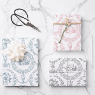 Feuille De Papier Cadeau Élégant rose, gris et bleu sur blanc gravé flor