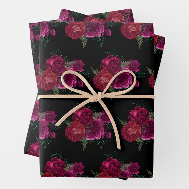 Feuille De Papier Cadeau Élégant Rose Magenta Floral Bouquet Motif (En situation)
