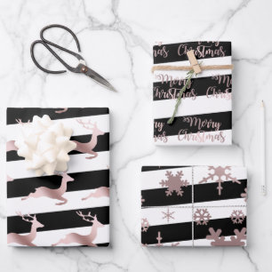 Feuille De Papier Cadeau Élégant rose or motif de Noël rayé