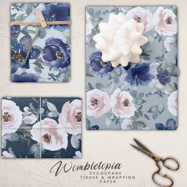 Feuille De Papier Cadeau Élégant rose pâle et Roses d'aquarelle marine (Créateur téléchargé)