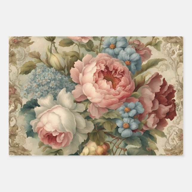 Feuille De Papier Cadeau Élégant Rose victorien, Fleurs de Jardin (Devant)
