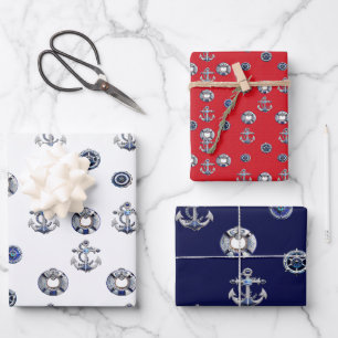 Feuille De Papier Cadeau Elégant Rouge Blanc et Bleu Thème Nautique