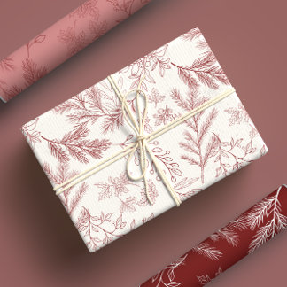 Feuille De Papier Cadeau Élégant Rouge Monochrome Rustique Botanique d'hive