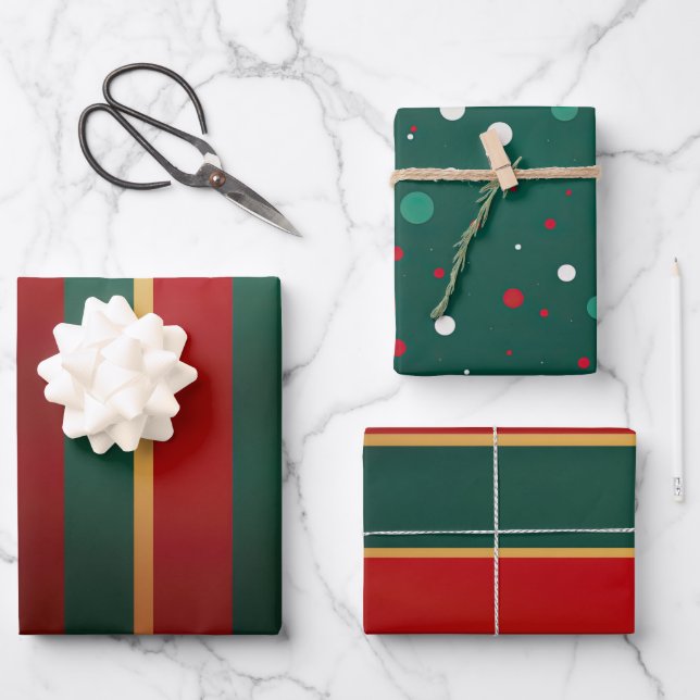 Feuille De Papier Cadeau Elégant Rouge Or et Vert Luxe Bold (Recto)