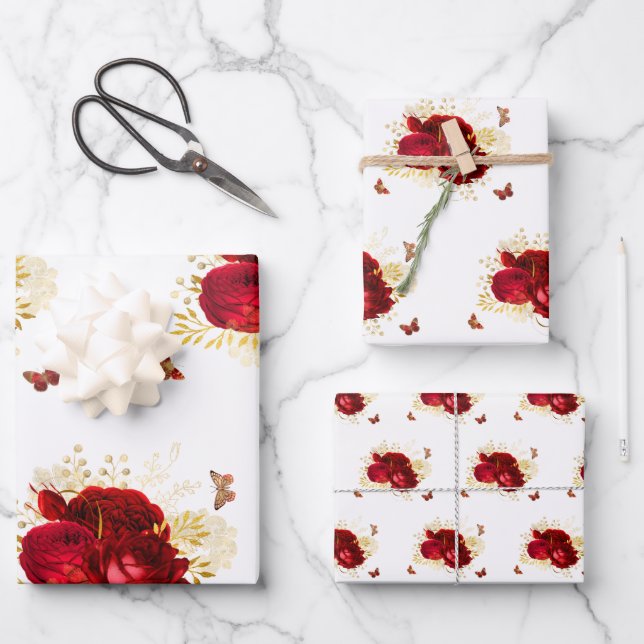 Feuille De Papier Cadeau Elégant Rouge Roses Butterfly Gold (Recto)
