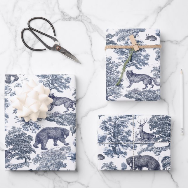 Feuille De Papier Cadeau Élégant Rustique Blue Forest Animaux Toile (Recto)