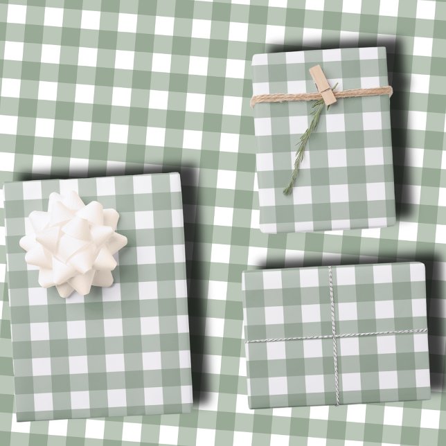 Feuille De Papier Cadeau Elegant Sage Green and White Gingham Holiday  (Créateur téléchargé)