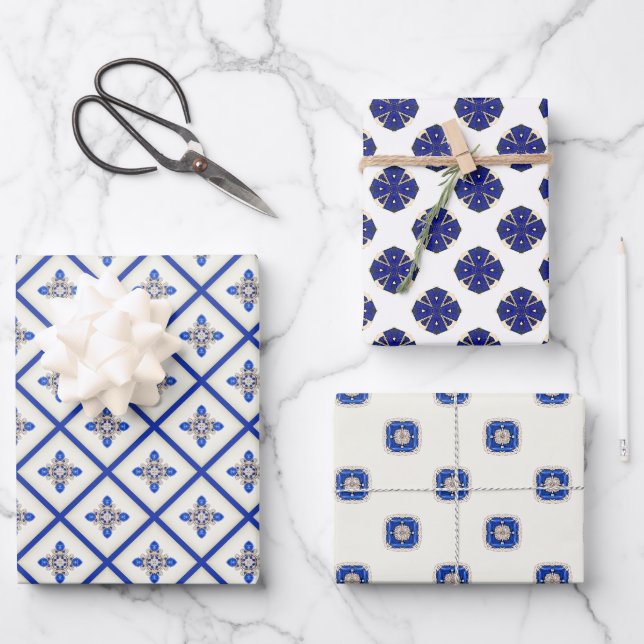 Feuille De Papier Cadeau Elégant saphir nautique bleu et blanc (Recto)
