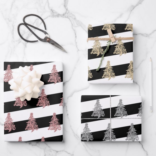 Feuille De Papier Cadeau Élégant sapin de Noël motif rayé (Recto)