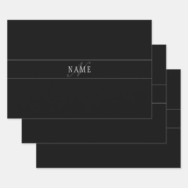 Feuille De Papier Cadeau Élégant Script Monogramme modifiable noir gris bla (Lot)