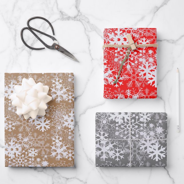 Feuille De Papier Cadeau Élégant Silvery Christmas Snowflakes Kraft Brown (Recto)