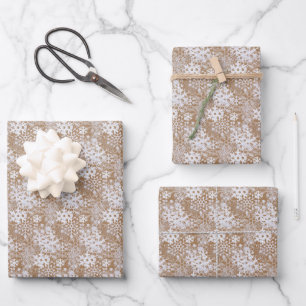 Feuille De Papier Cadeau Élégant Silvery White Snowflakes Kraft Brown