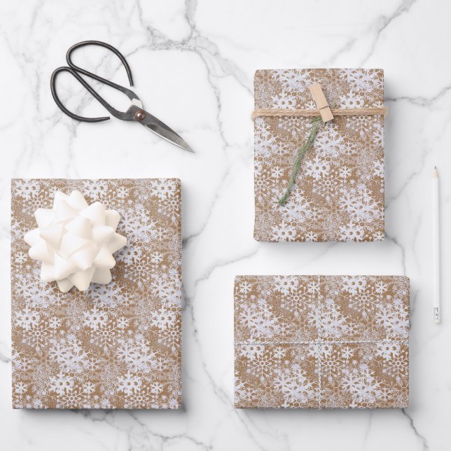 Feuille De Papier Cadeau Élégant Silvery White Snowflakes Kraft Brown (Recto)