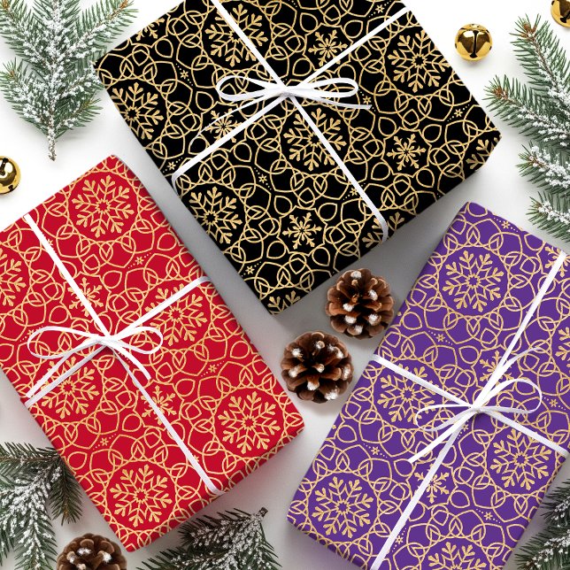 Feuille De Papier Cadeau Élégant Snowflake de Noël Faux Gold Purple Set (Créateur téléchargé)