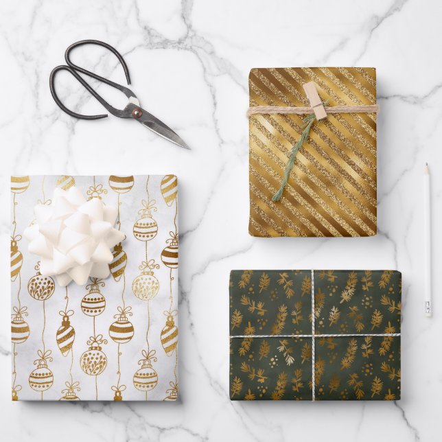 Feuille De Papier Cadeau Élégant Sparkly Gold Blanc Vert Noël (Recto)