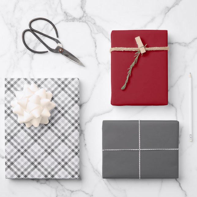 Feuille De Papier Cadeau Elégant Tartan Grey Blanc Bourgogne (Recto)