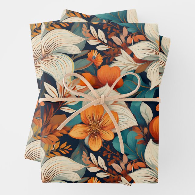 Feuille De Papier Cadeau Élégant Turquoise Orange Flower Motif Floral (En situation)