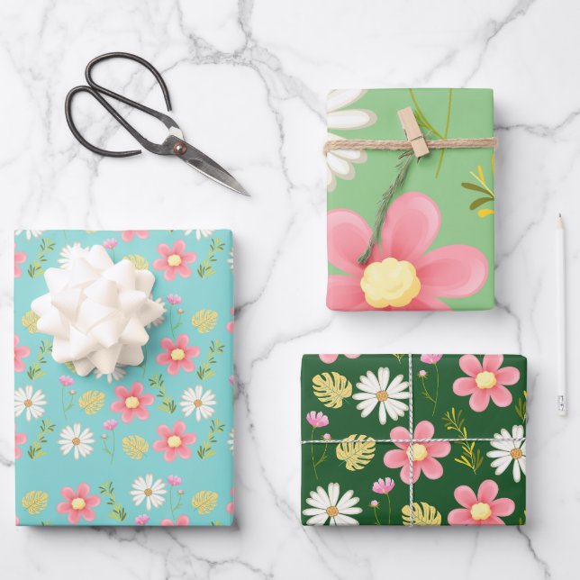 Feuille De Papier Cadeau Élégant vert moderne rose floral (Recto)