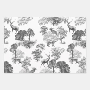 Feuille De Papier Cadeau Elégant Vintage Black White Deer Fox Country Toile