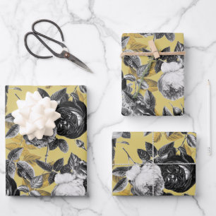 Feuille De Papier Cadeau Élégant Vintage Black White Gold Roses Floral