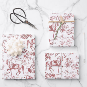 Feuille De Papier Cadeau Élégant Vintage Cheval Blanc Rouge Motif Floral