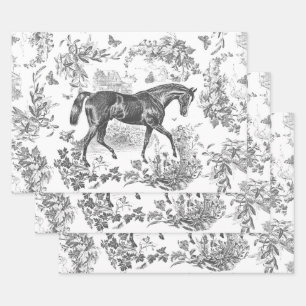 Feuille De Papier Cadeau Elégant Vintage Rustique Cheval Noir Toile Florale