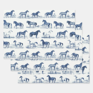 Feuille De Papier Cadeau Élégant Vintage Rustique Cheval race Bleu Toile