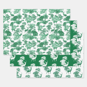 Feuille De Papier Cadeau Elégant Vintage Vert Français Country Toile Deer