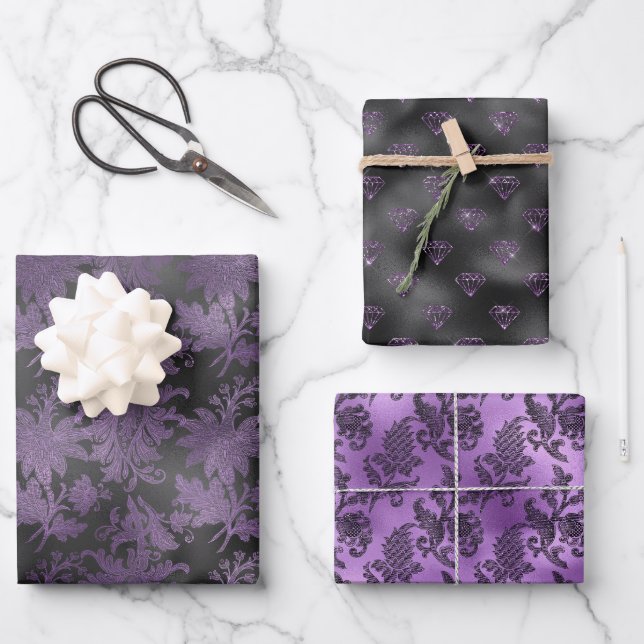 Feuille De Papier Cadeau Élégant violet noir floral (Recto)