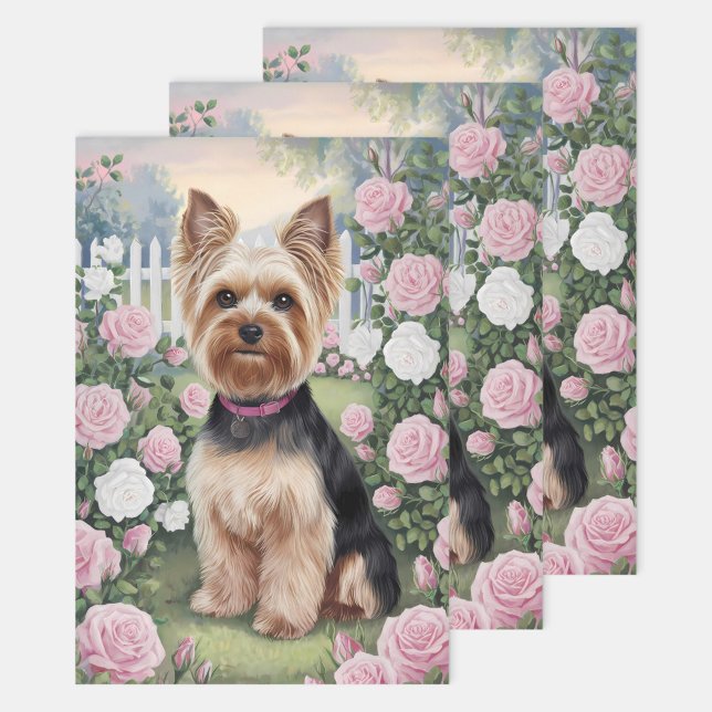 Feuille De Papier Cadeau Elégant Yorkshire Terrier Jardin Rose Découpage (Créateur téléchargé)