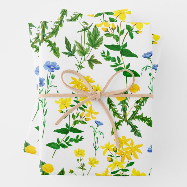 Feuille De Papier Cadeau Elégante aquarelle bleu et jaune Fleurs sauvages (En situation)