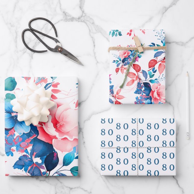 Feuille De Papier Cadeau Elégante aquarelle chic florale 80e anniversaire (Recto)