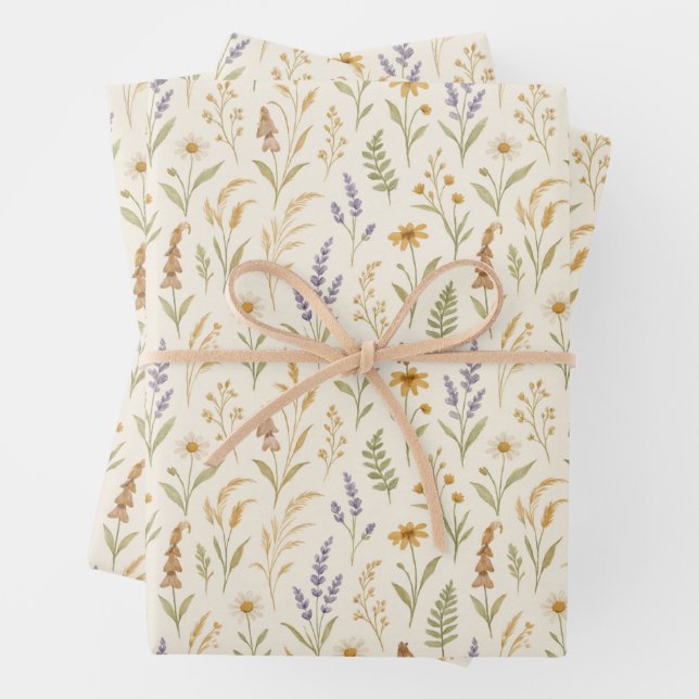Feuille De Papier Cadeau Elégante aquarelle Fleur sauvage prairie floral (En situation)