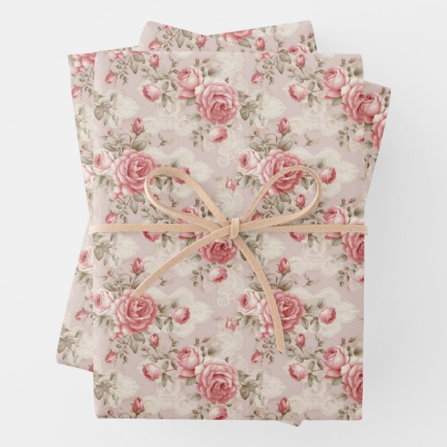 Feuille De Papier Cadeau Elégante aquarelle rose poussiéreuse roses et dent (En situation)