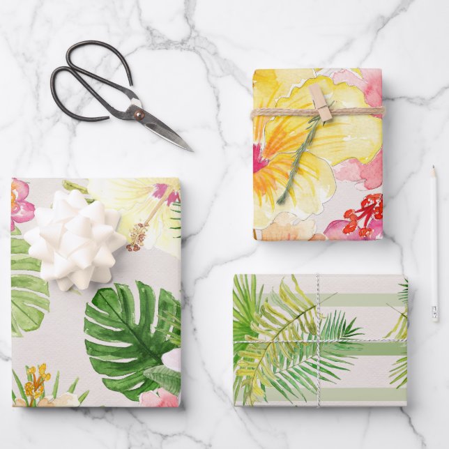 Feuille De Papier Cadeau Elégante aquarelle tropicale hawaïenne florale (Recto)