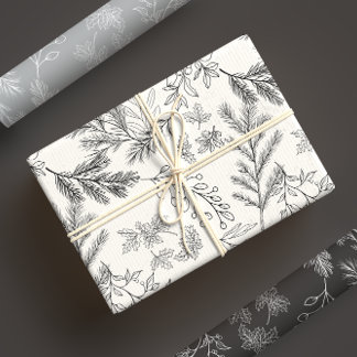 Feuille De Papier Cadeau Élégante Botanique d'hiver noir et blanc monochrom