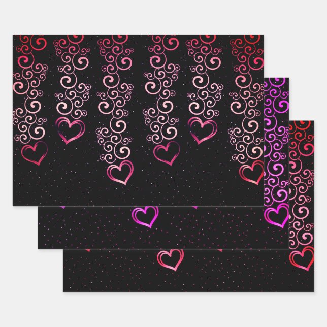 Feuille De Papier Cadeau Élégante Collection Black And Red Hearts (Lot)