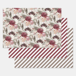 Feuille De Papier Cadeau Elégante Crème de vin Bourgogne Flore Verdure