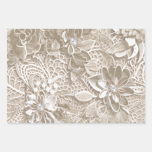 Feuille De Papier Cadeau Elégante dentelle beige avec diamant (Devant)